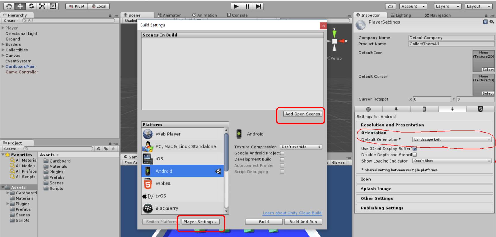 Adding open scenes and player settings