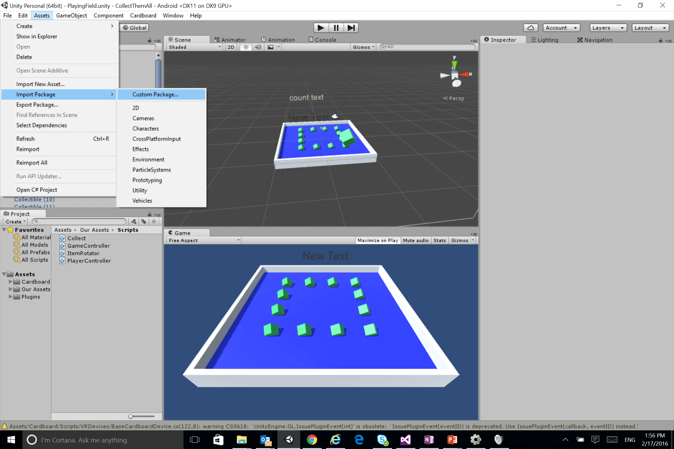Menu for importing the Cardboard assets