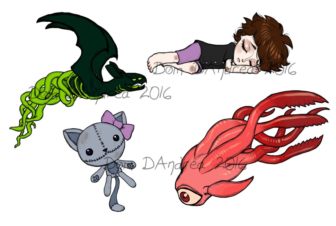 Art assets L to R: Bat Enemy, Child, Cat Doll, Squid Enemy